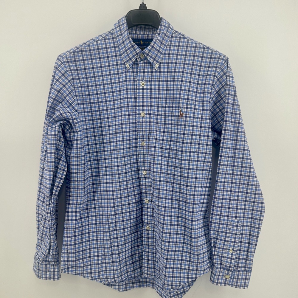 Ralph Lauren Shirt Mens XL Blue Plaid Slim Fit Stretch Oxford Button Down Modern - Picture 4 of 8